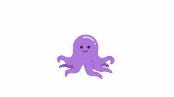 glimlachen octopussen met gekruld tentakels 2d karakter animatie. onderwater- zee schepsel drijvend vlak tekenfilm 4k video, transparant alpha kanaal. zwemmen onderzees geanimeerd dier Aan wit achtergrond video