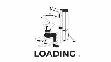 Working out on lat pulldown machine bw loading animation. Woman pulling bar down outline 2D cartoon character 4K video loader motion graphic. Strength workout animated gif isolated on white background