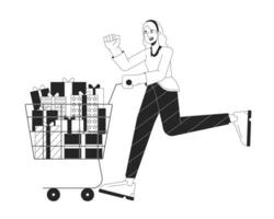 Excited woman pushing shopping cart black and white 2D line cartoon character. Black friday girl isolated vector outline person. Holding shopping trolley presents monochromatic flat spot illustration