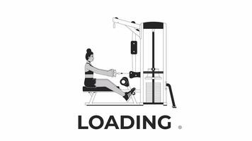 Working out on seated row machine bw loading animation. Woman grasping cable outline 2D cartoon character 4K video loader motion graphic. Back exercise animated gif isolated on white background