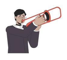 los anteojos indio hombre jugando trombón 2d lineal dibujos animados personaje. trombonista chico participación instrumento aislado línea vector persona blanco antecedentes. jazz instrumentista color plano Mancha ilustración