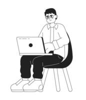 Eyeglasses man sitting in chair with laptop black and white 2D cartoon character. Asian male freelancer typing notebook isolated vector outline person. Programmer monochromatic flat spot illustration