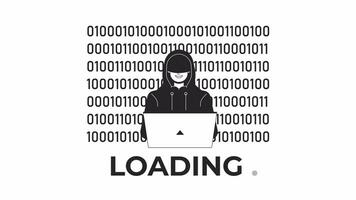 Hacker binary code bw loading animation. Malware detection. Dark web user outline 2D cartoon character 4K video loader motion graphic. Coding security animated gif isolated on white background