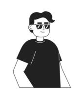 ciego hombre Gafas de sol negro y blanco 2d dibujos animados personaje. Hispano ciego masculino vistiendo camiseta aislado vector contorno persona. indio chico con visión discapacidad monocromo plano Mancha ilustración