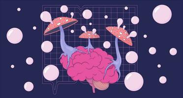 Blowing bubbles trippy mushrooms on brain lofi wallpaper. Fungus fly agaric affecting organ 2D scene cartoon flat illustration. Hallucinogenic chill vector art, lo fi aesthetic colorful background