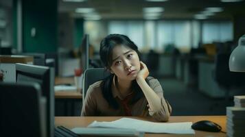 Realistic Depiction Asian Woman Employee in Office, Reflecting Workplace Stress and Emotional Struggles photo