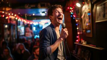 A man performs in pub. Stand-up club. Karaoke at the bar. Evening entertainment photo