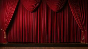 Closed crumpled red curtain over empty theater stage. photo