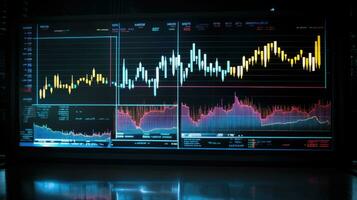 Stock market growth graph, financial neon chart on screen in modern office photo