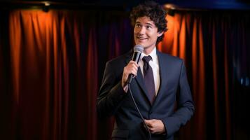 A stand-up comedian performs on stage. Public speaking in front of an audience photo