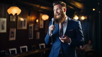 A man performs in pub. Stand-up club. Karaoke at the bar. Evening entertainment photo