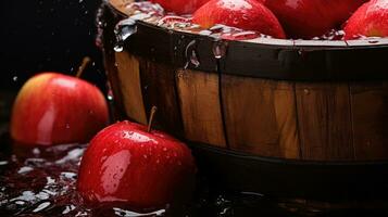 Tub or barrel filled with water and apples for Halloween custom of Apple Bobbing photo