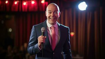 A stand-up comedian performs on stage. Public speaking in front of an audience photo