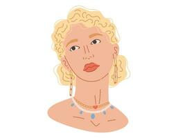 Head of a young cartoon blonde woman with jewelry. Portrait of a girl with gold earrings, chain necklace. Vector isolated flat illustration.