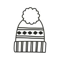 Coloring winter knitting hat with scandinavian pattern. Hand drawn doodle headwear icon. Line vector illustration