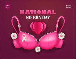 No Bra Day. A pink bra with floral elements, ribbon and heart-shaped paper. Breast cancer awareness. 3d vector. Suitable for breast health vector