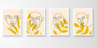 Set of one line face wall art in white frames.Foliage line art drawing with abstract shape composition earth tone. Art vector illustration.