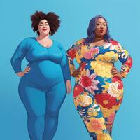 Photorealistic image of two plump women of different nationalities in fashionable clothing, plus size, body positive. AI generated photo