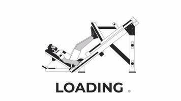 Muscle building with leg press machine bw loading animation. Man pressing forward outline 2D cartoon character 4K video loader motion graphic. Work out animated gif isolated on white background