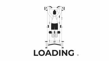 Muscle building with assisted pull up machine bw loading animation. Stretching upper body outline 2D cartoon character 4K video loader motion graphic. Animated gif isolated on white background