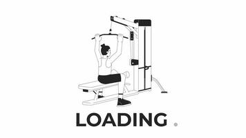 Muscle building with lat pulldown machine bw loading animation. Man dragging bar down outline 2D cartoon character 4K video loader motion graphic. Exercises animated gif isolated on white background