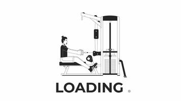 Muscle building with seated row machine bw loading animation. Gym guy stretching outline 2D cartoon character 4K video loader motion graphic. Exercising animated gif isolated on white background