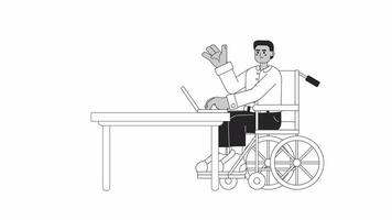 Disabilitato alunno tecnologia bw 2d personaggio animazione. invalidità il computer portatile schema cartone animato 4k video, alfa canale. africano americano giovane uomo nel sedia a rotelle animato persona isolato su bianca sfondo video