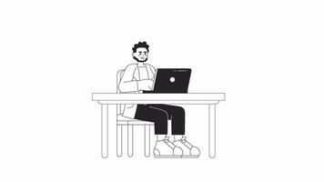 Beard indian adult man working on laptop bw 2D character animation. Outline cartoon 4K video, alpha channel. South asian bearded male sitting at desk animated person isolated on white background video