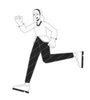 Excited caucasian woman running black and white 2D line cartoon character. European corporate employee hurrying isolated vector outline person. Lady in rush monochromatic flat spot illustration