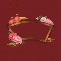 Red Chinese style border with peonies and lanterns, suitable for traditional festivals and Spring Festival vector