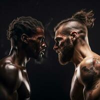 fotorrealista imagen de dos masculino boxeadores cara a rostro. luchar, duelo, kickboxing ai generado foto