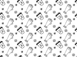 Seamless black and white doodle pattern with cocktails, holiday drinks, coffee vector