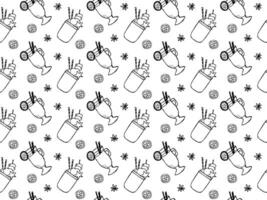 Seamless black and white doodle pattern with cocktails, festive drinks, mulled wine and frikshake, monstershake vector