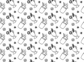 Seamless black and white doodle pattern with cocktails, festive drinks, mulled wine and frikshake, monstershake vector