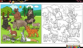 cartoon wild animal characters group coloring page vector