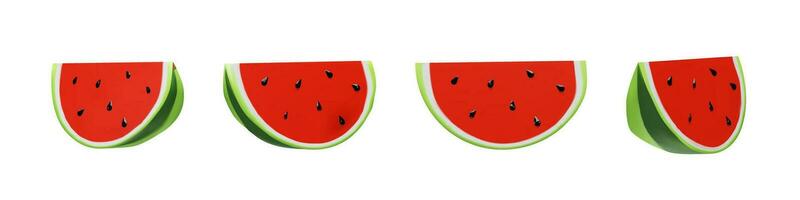 Set of 3D render big slice of watermelon. Realistic healthy berry. Vector illustration in clay style. Sweet ripe organic food for vegetarian. Juicy fresh snack in summer season. Tasty nutrition object