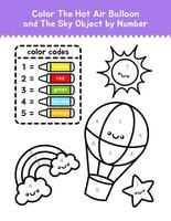 linda caliente aire globo y cielo objetos color por número colorante página para niños vector
