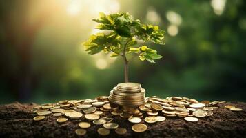 Financial Growth in Nature. Tree Thrives on a Bed of Coins. Ideal for Investment Concepts photo
