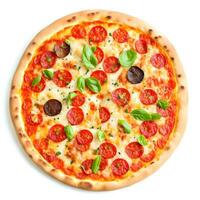 Tasty top view pizza, italian traditional round pizza on white background. AI Generative photo