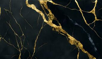 Abstract black marble background with golden veins, japanese kintsugi technique, painted artificial marbled stone texture. AI Generative photo