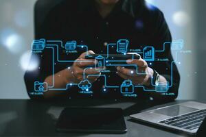 Blockchain financial technology to secure cryptocurrencies for online payment and digital transaction. Fintech concept. Man working on laptop computer, smartphone and tablet. with virtual icon photo