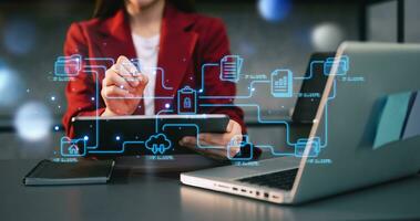 Blockchain financial technology to secure cryptocurrencies for online payment and digital transaction. Fintech concept. Man working on laptop computer, smartphone and tablet. with virtual icon photo