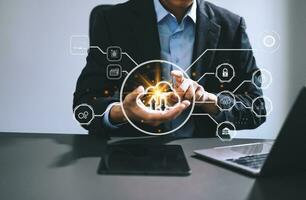 Woman use Laptop computer and tablet with cloud computing diagram show on hand. Cloud technology. Data storage. Networking and internet service concept. with virtual icon photo