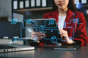 Blockchain financial technology to secure cryptocurrencies for online payment and digital transaction. Fintech concept. Man working on laptop computer, smartphone and tablet. with virtual icon photo