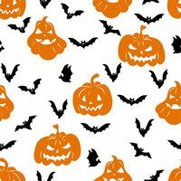 Halloween seamless pattern with scary pumpkins and flying bats. Elegant Spooky Holiday Texture Perfect for Gift Wrapping, Home Decor and Textiles vector