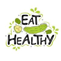 Eat healthy text with cucumber slice and spinach vector