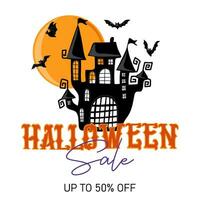 Halloween sale banner. Holiday design with scary castle, moon and flying bats vector