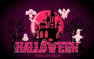 Happy Halloween banner or party invitation background. Holiday design with scary castle, ghosts on moon background vector