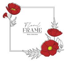 Romantic square frame with red poppies. Floral design for labels, branding business identity, wedding invitation vector
