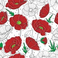 Poppies seamless pattern. Red poppies and polka dots on white background. Floral print for textile, wallpapers, fabric and wrapping paper vector